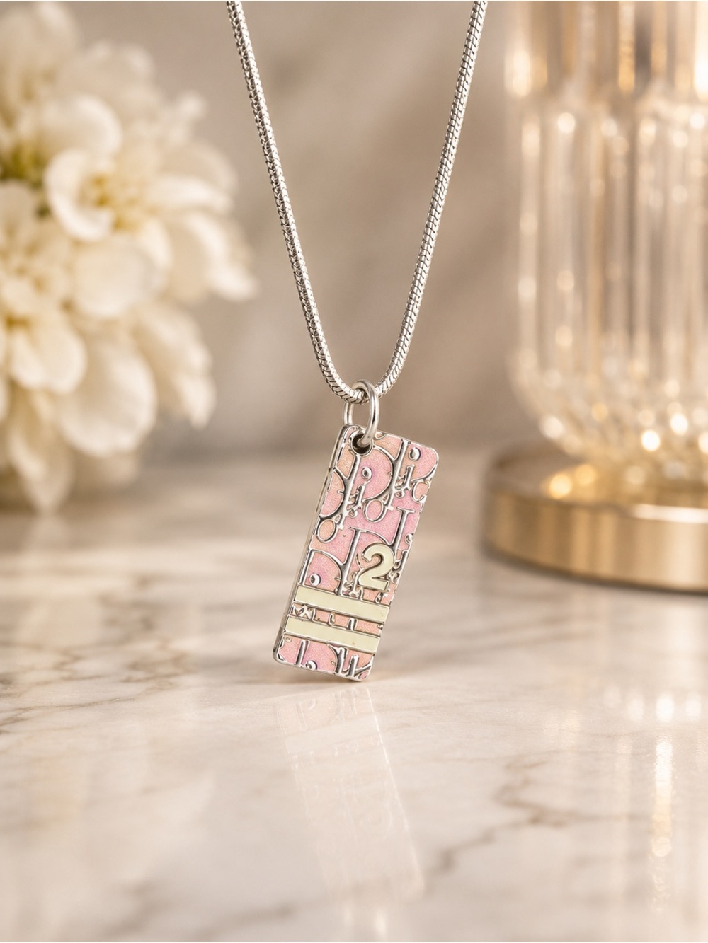 Dior Pink & Silver Trotter Pendant Necklace | Dior Logo Charm Necklace | Vintage
